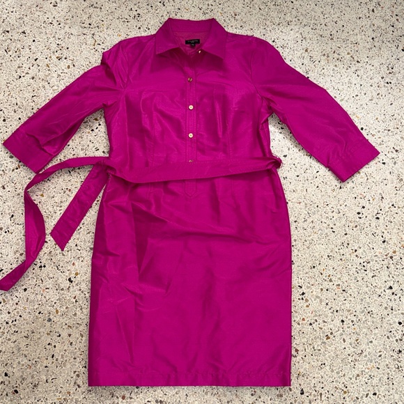 New Talbots 100% silk taffeta hot pink fuchsia shirt dress gold button 8P petite - Picture 2 of 7